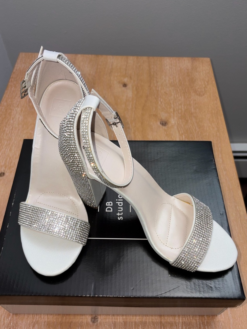 White Bridal Crystal Ankle-Strap Heels with Rhinestone Accents NWT